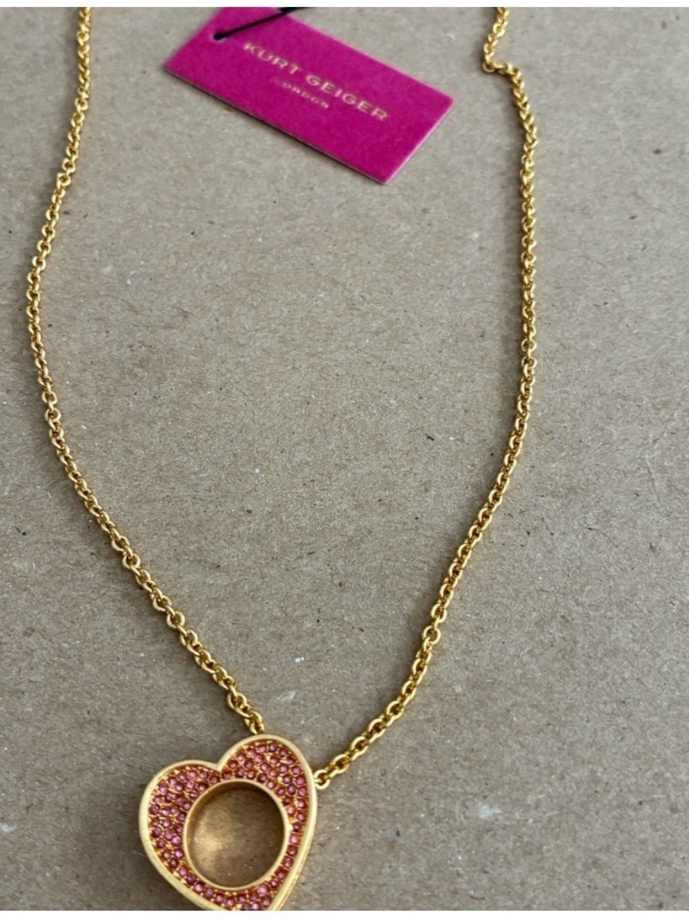 Kurt Geiger Gold Heart Necklace with Pink Crystal Detailing